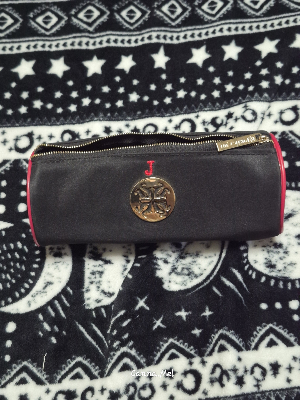 Rustic Cuff Intial "J" Black Cosmetic Case with Red Trim and Gold Accent